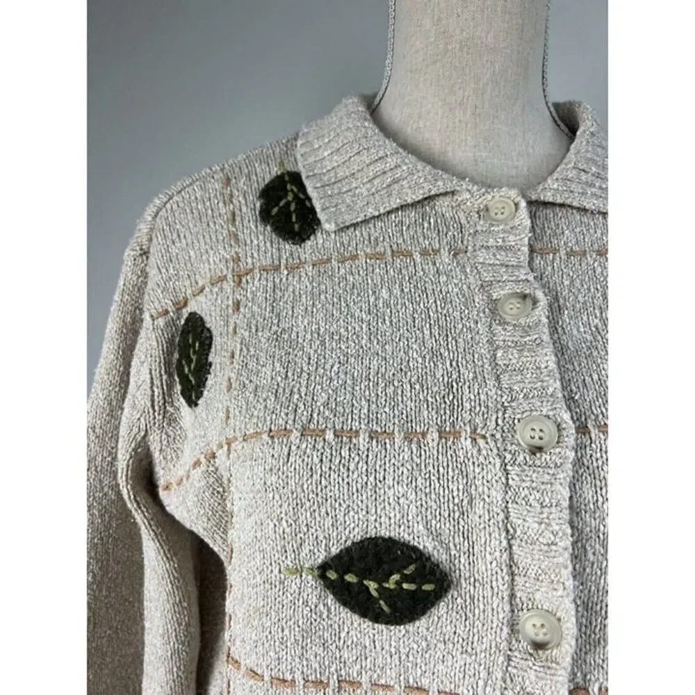 Liz Claiborne Villager Sport Vtg Cream Fall Leaf Cardigan Cottagecore Knit PL